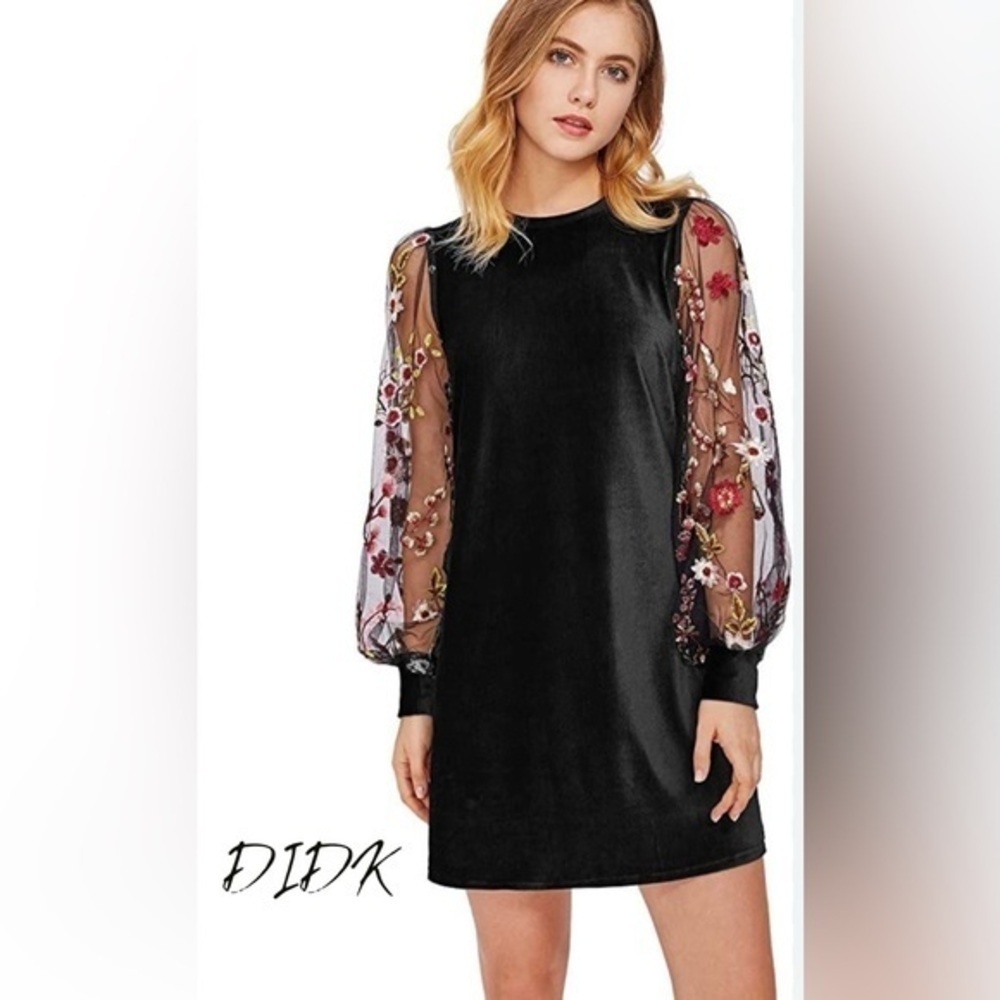 Black Dress with Floral Embroidered Sleeves Sheer Event Valentines Day SZ XS